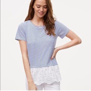 LOFT Blue and White Fitted Embellished Tee with Eyelet Hem